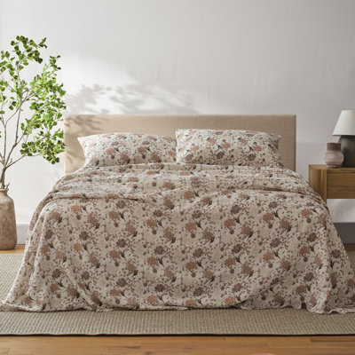 Ensemble de draps 100 % lin français - Cal King - Toile florale crème