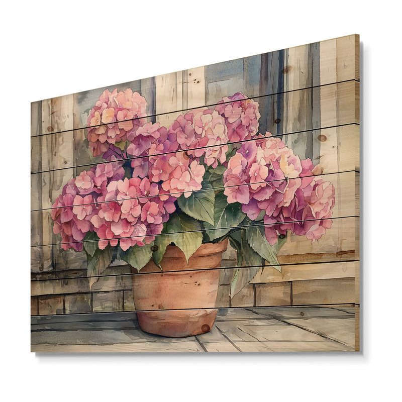 Hortensias à la ferme porche I - Art mural en bois d'hortensias - sur bois de pin naturel, H 10 po x l 20 po