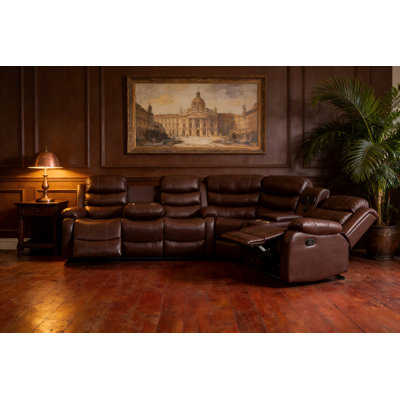 Manual Reclining Brown Leather Sectional Sofa With Bluetooth Speaker 6 Seater Corner Couch