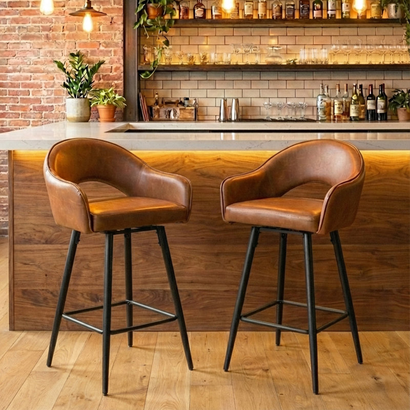360°Swivel Upholstered Bar Stools with Iron Frame, Fax Leather-Brown