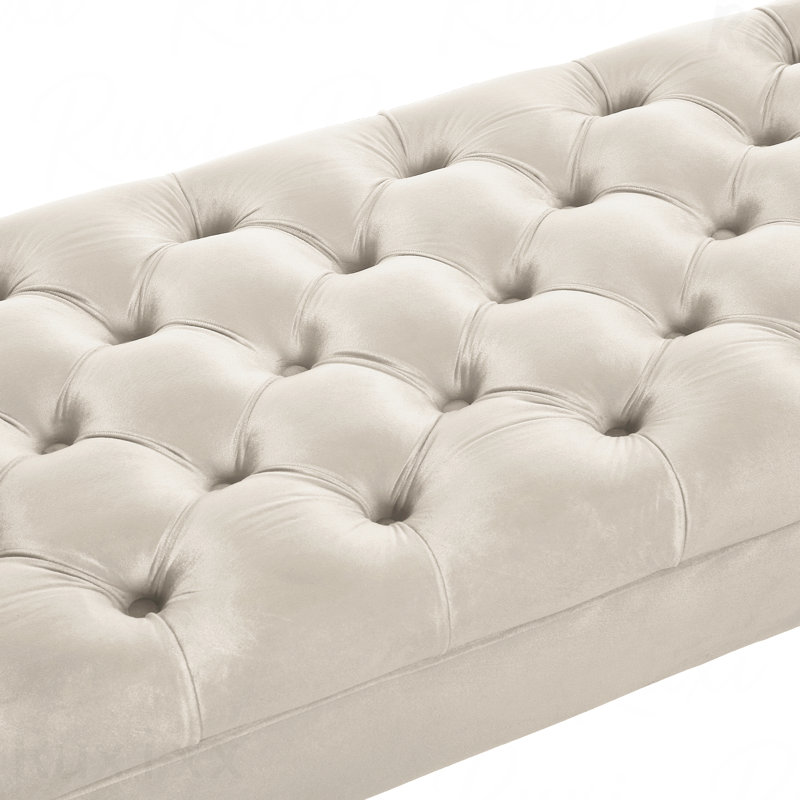 Velvet Fabric Upholstered Long Bench - Button Tufted Seat, For Bedroom, Window & Entryway, Bolster Design, White