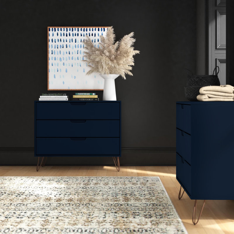 Commode anglaise 3 tiroirs Mid-Century Rockefeller, Bleu minuit Tatiana