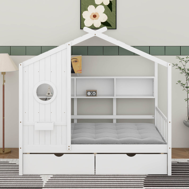 Lit en bois avec tablette de rangement et tiroirs, Lit simple, Blanc