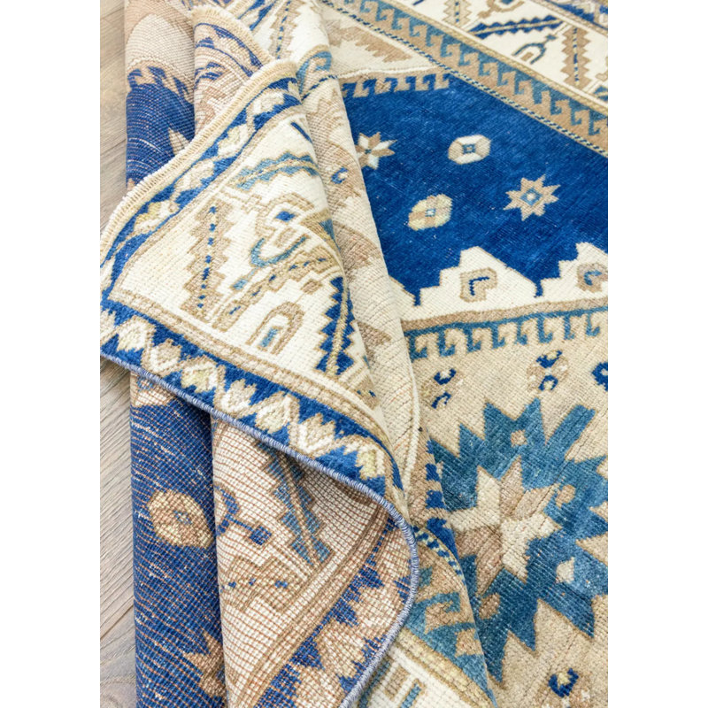 Tapis rétro bleu unique en laine 4 pi 9 po x 6 pi 7 po années 1980