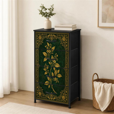 4-Drawer Dresser for Bedroom Golden Botanical Design Green Ornate Floral Frame Small Tall Clothes Dresser for Closet Organizers with Chest of Drawers Fabric Storage Bins Dressers