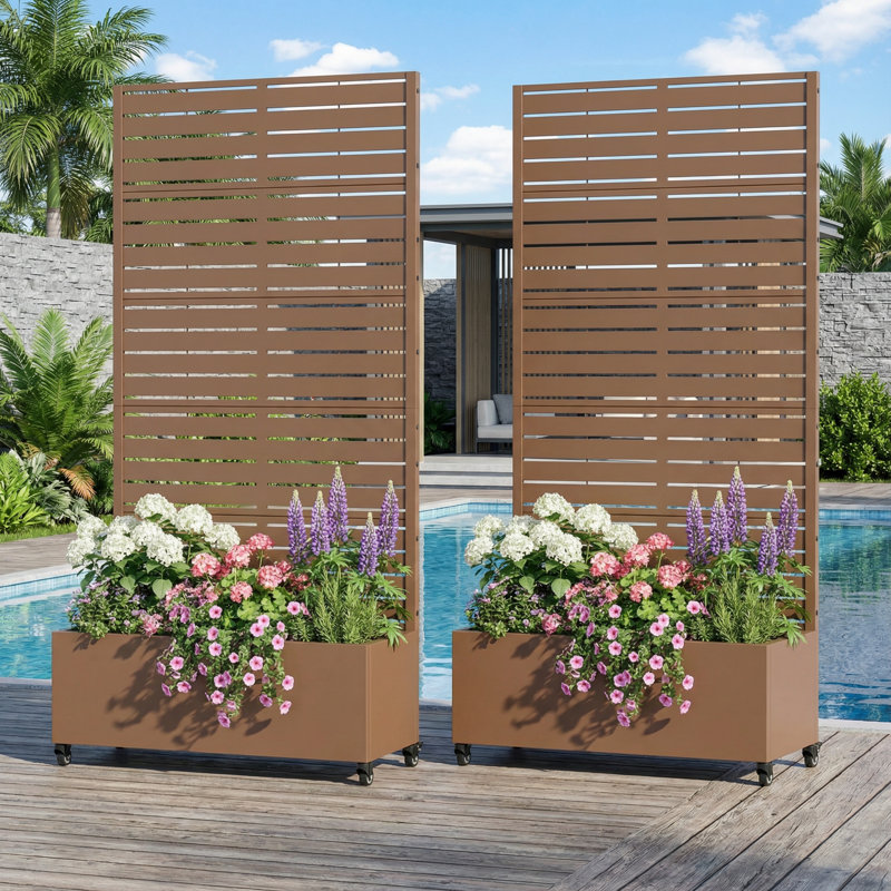 Outdoor Metal Planter Box Raised Garden Beds with Trellis, 72" H x 35" W x 16" D, Brown