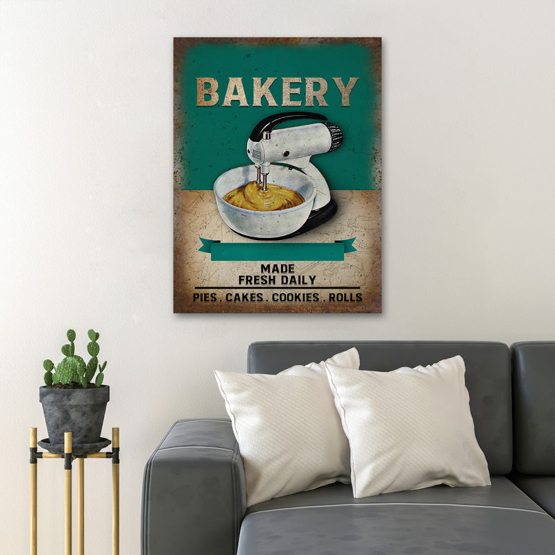 Mélangeur de farine blanche sur fond vert - Boulangerie faite de tartes quotidiennes fraîches, gâteaux, rouleaux de biscuits - 1 pièce, reproduction d'art graphique sur toile tendue