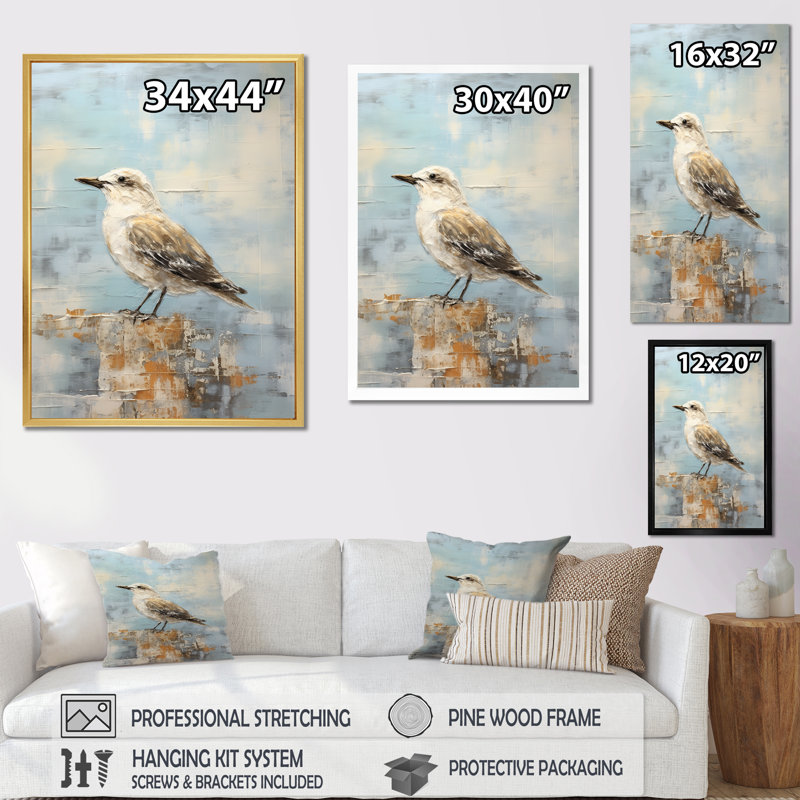 Beige et bleu mouette tranquillité sur toile, Cadre flottant blanc, H 44 po x l 34 po x P 1,5 po