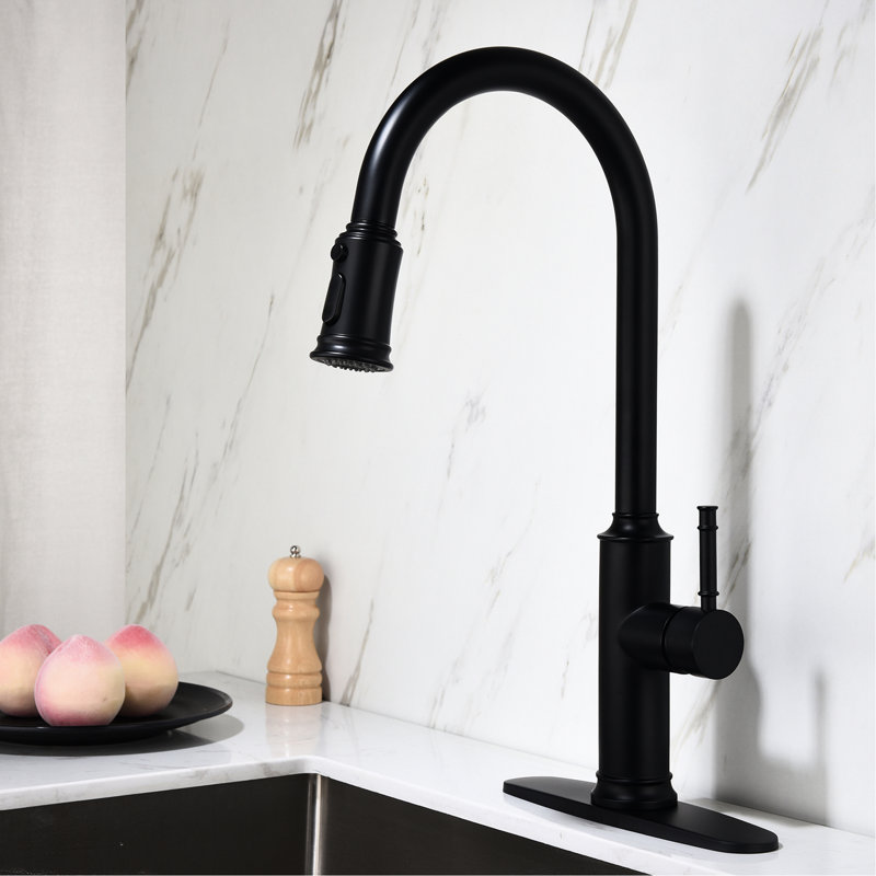 Robinet de cuisine extractible à jet - Acier inoxydable noir mat: buse rotative à 360 °, finition de traitement antirouille, mécanisme de réglage de la sortie d'eau à poignée simple avec acier noir, rotatif