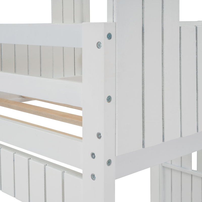 Lit superposé en bois, lit mezzanine avec maisonnette, maison de campagne, échelle et garde-corps