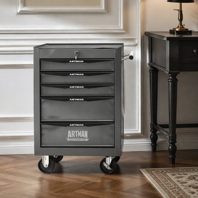 Coffre à outils roulant en métal avec 5 tiroirs, armoire à outils à 5 tiroirs de 20 po avec glissières à roulement à billes, coffre à outils en acier - Argent