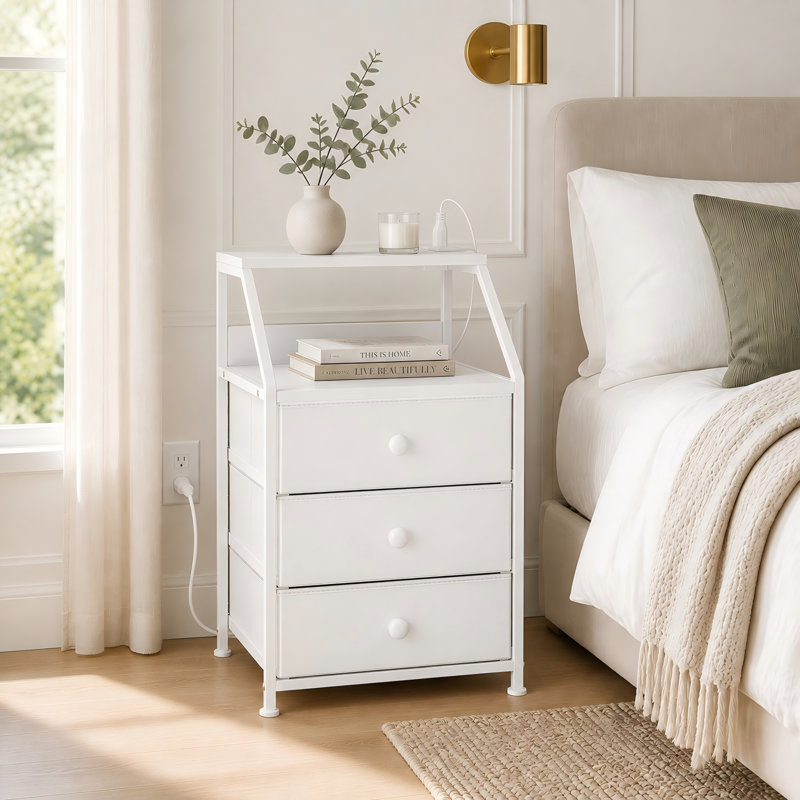 Tables de chevet avec 3 tiroirs et prises Travison, tables de chevet avec 2 ports USB et tablette ouverte à 2 niveaux, Blanc
