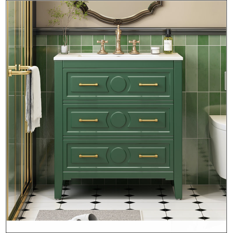 Ensemble de meuble-lavabo 30 po avec lavabo en céramique, meuble-lavabo simple autoportant avec 3 tiroirs, armoire de rangement en bois massif, vert