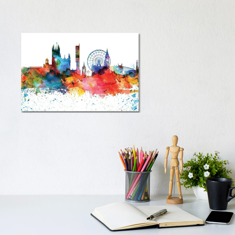 Manchester Colourful Watercolour Skyline by WallDecorAddict - Wrapped Canvas Painting, 20.32 cm H x 30.48 cm W