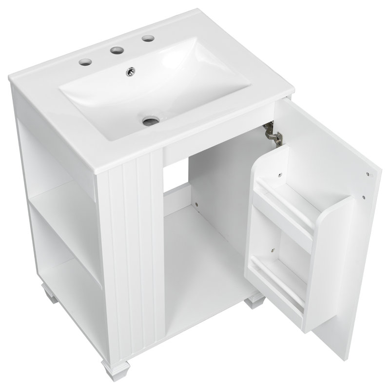 Meuble-lavabo de salle de bain rétro classique de 24,62 po avec lavabo, planches, charnières à fermeture douce, rangement latéral ouvert, fabrication en bois massif à débordement de finition, quincaillerie élégante, espace sous l'évier, trous de robinet pré-percés