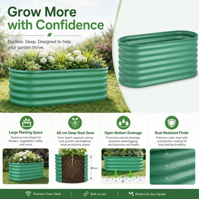 Metal Raised Garden Bed, 60cm H x 240cm W x 120cm D, Green