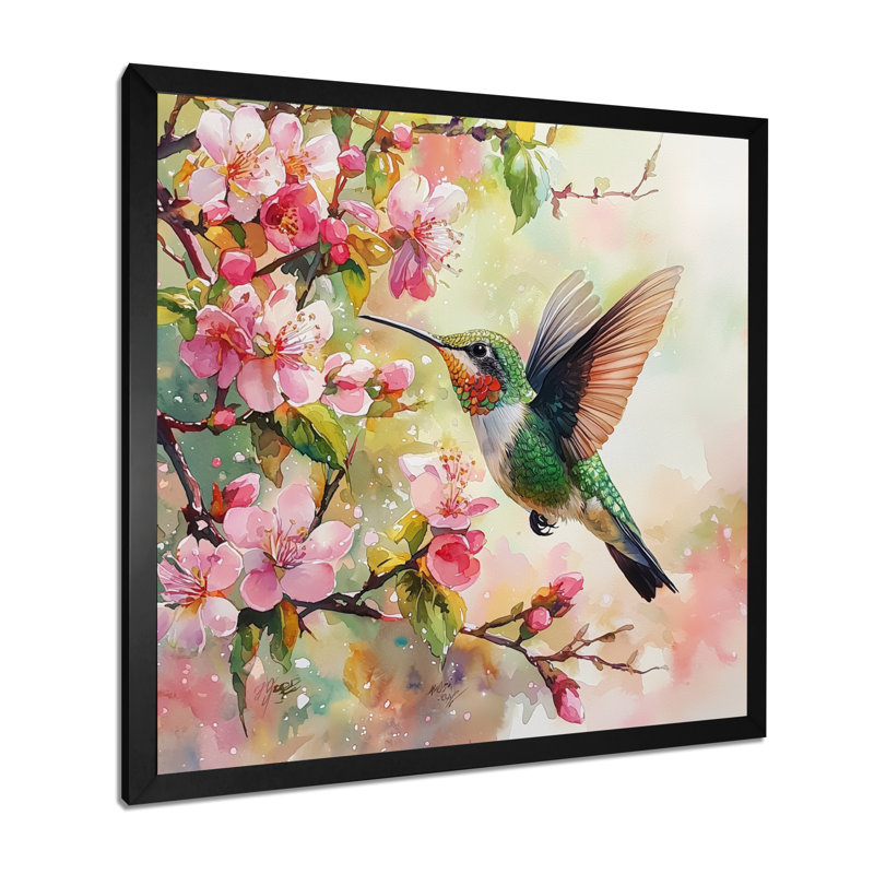 Colibri dans les fleurs II - Art mural colibri, H 30 po x l 30 po, Reproduction encadrée d'une seule photo, Noir
