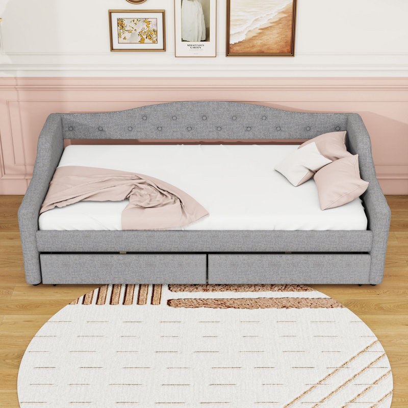 Twin XL Linen Upholstered Daybed with LED Lighting and Dual Storage Drawers, Gray