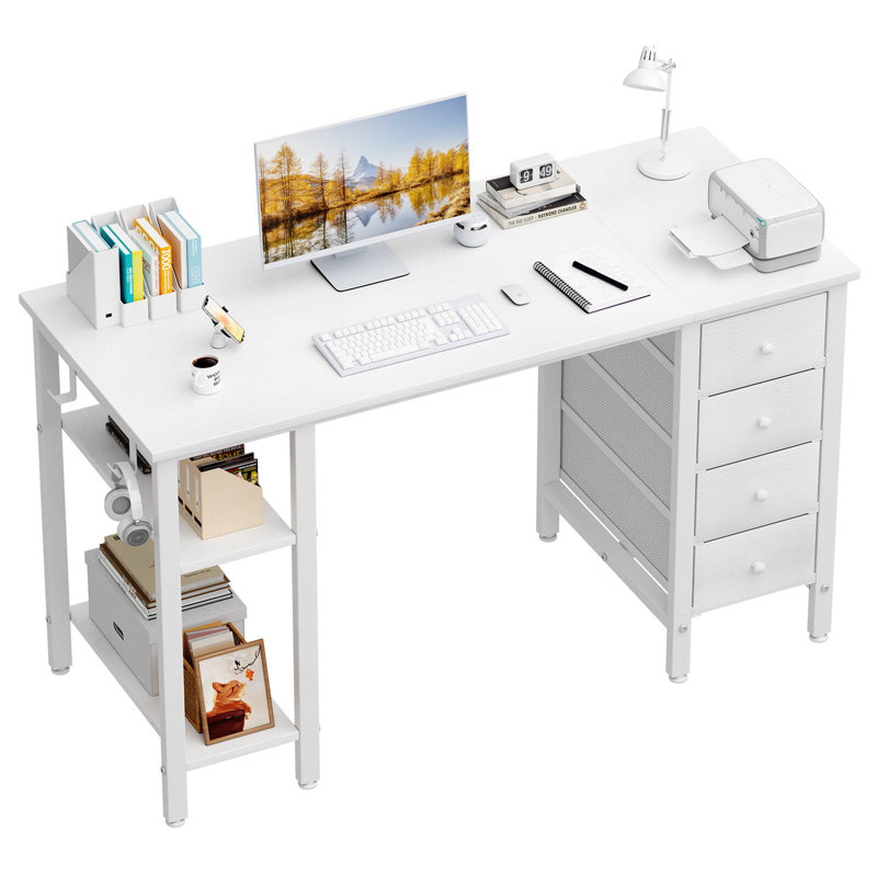 Bureau rectangulaire avec tiroirs et tablettes de rangement, Blanc, H 29,5 po x l 47,2 po x P 19,7 po