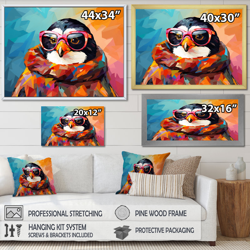 Pop art pingouin avec lunettes de soleil - art mural pingouin, H 12 po x l 20 po x P 1 po, Toile tendue