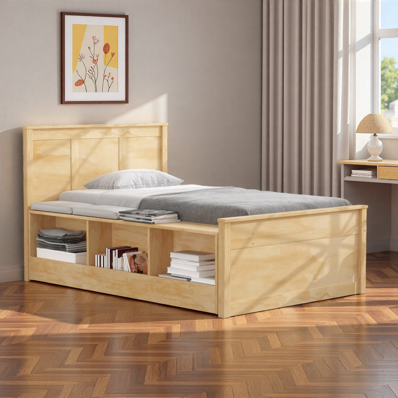 Lit plateforme en bois avec lit gigogne escamotable et compartiments de rangement latéraux, Naturel, Lit simple