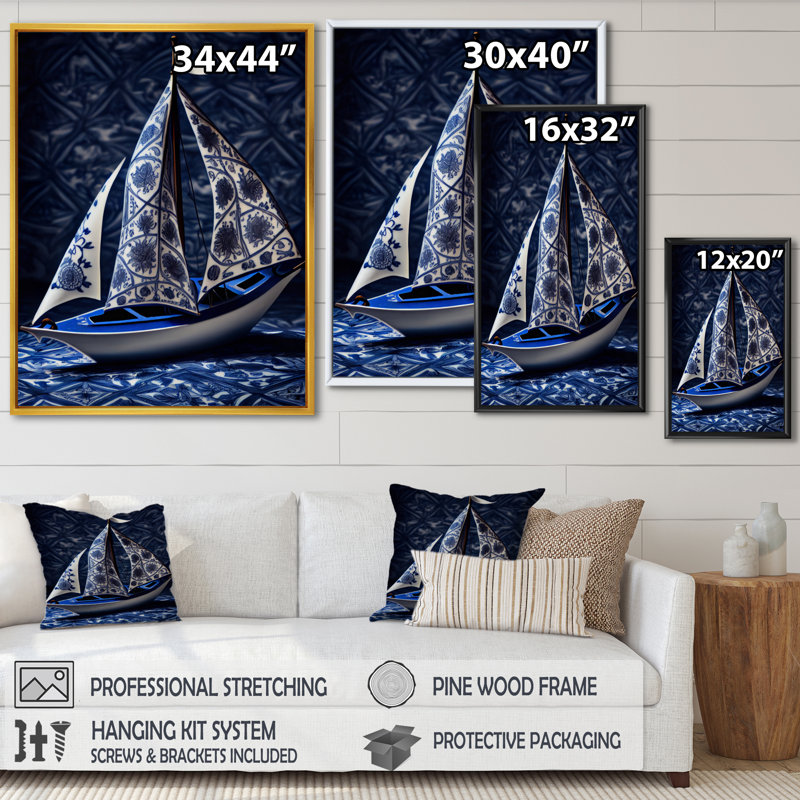 Voilier en porcelaine blanche et bleue - reproduction sur toile, H 40 po x l 30 po x P 1,5 po, Toile avec cadre flottant or