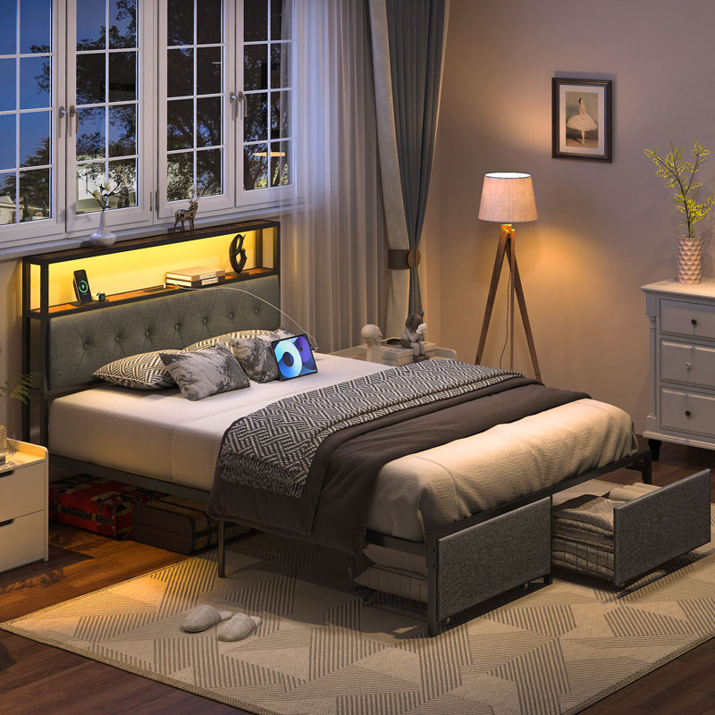 Tremel Bed Frame with Headboard, Metal Platform Bed Frame, Storage Bed with Charging Station, Full / Double