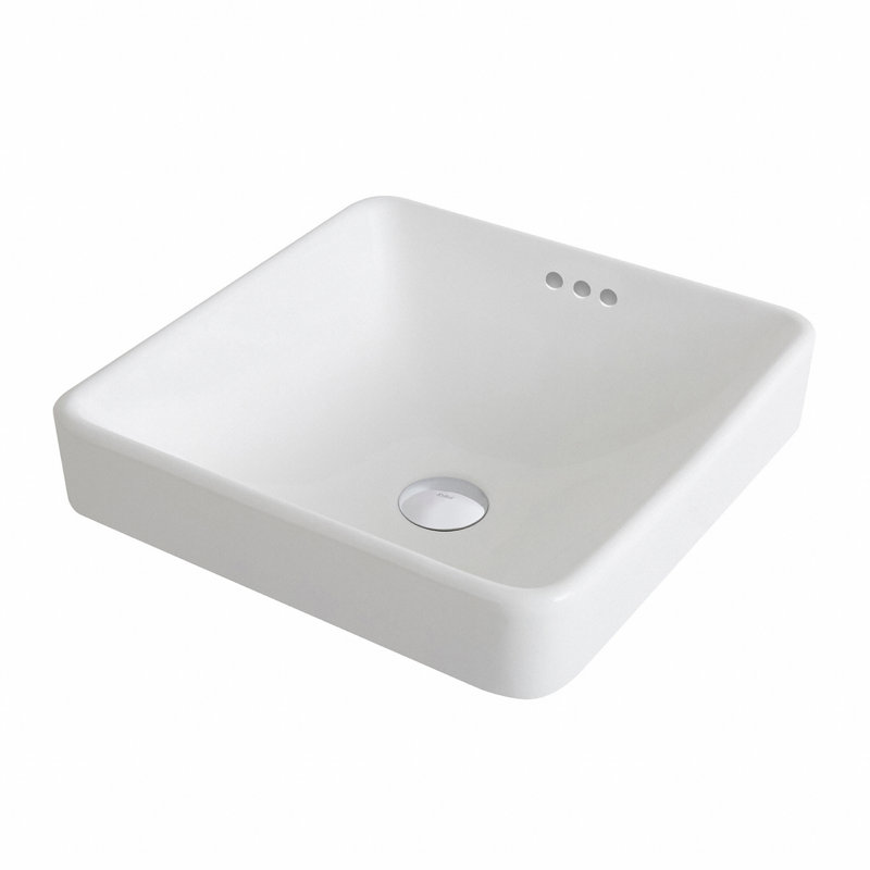 White Ceramic Square Semi-Recessed Vessel Sink with Overflow