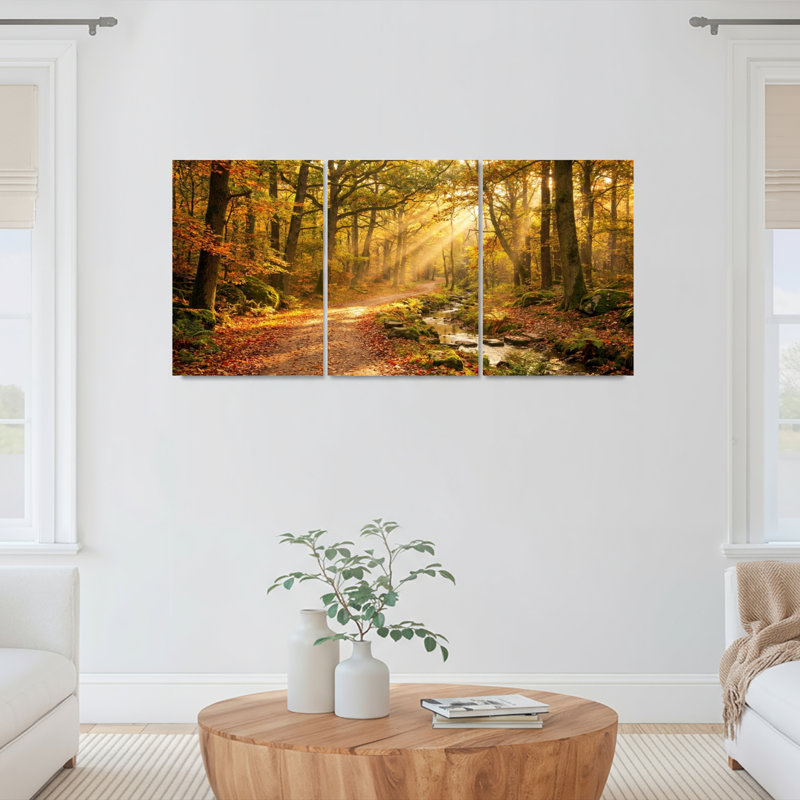 Ensemble de 3 tableaux sur toile représentant un sentier ensoleillé dans la forêt d'automne, 1624