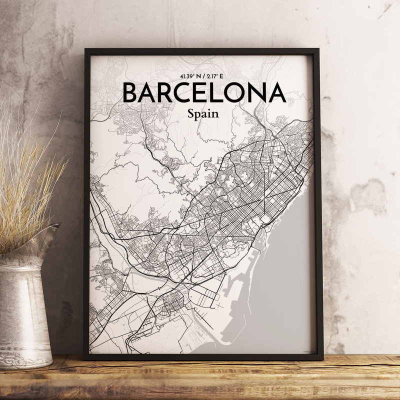 « Barcelona City Map »-impression d’art graphique sans cadre sur papier, H 24 po x l 18 po x P 0,05 po