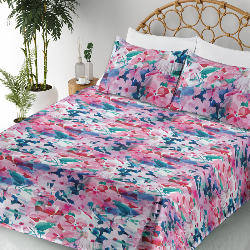 Ambesonne Watercolor Botany Sheet Set 4 Pcs Retro Boho Bloom, Pale Pink Hot Pink Quartz Floral