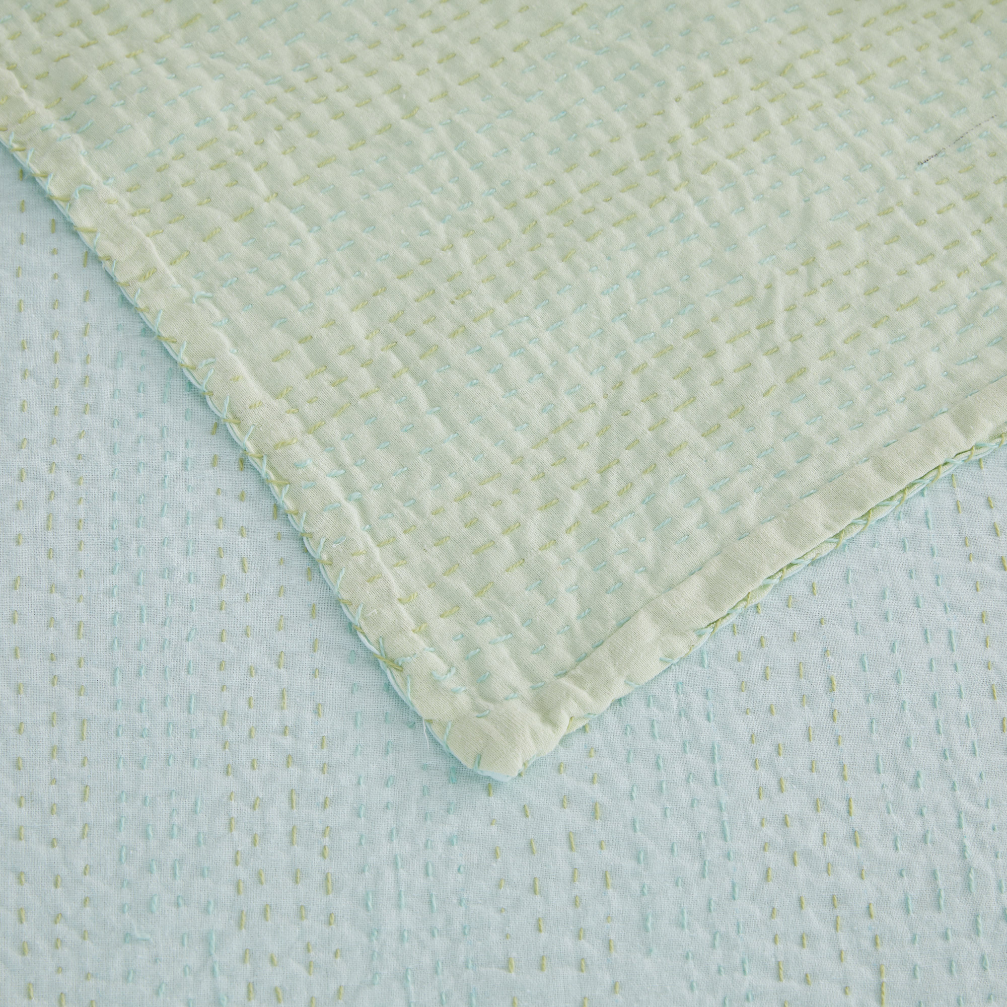 Handstitch Reversible Color Kantha Coverlet, Twin Extra Long Coverlet, Teal