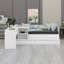 Lit plateforme en bois avec tiroirs, tablettes et coiffeuse-447829589