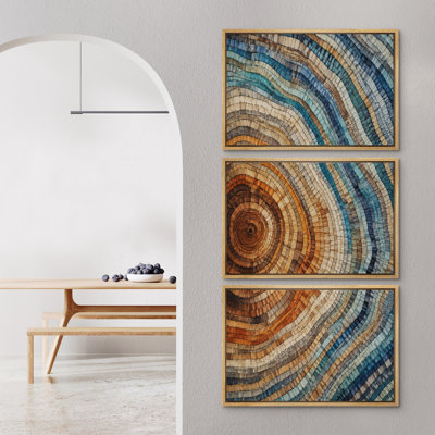 «Blue and Brown Tree Rings», art abstrait, images de salon, estampe numérique sur toile encadrée, 3 pièces