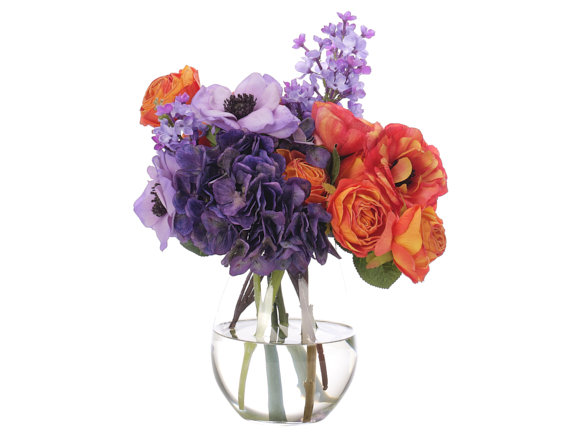 Hydrangea Ranunculus, Purple Orange, Glass Vase, 15wx12dx17h