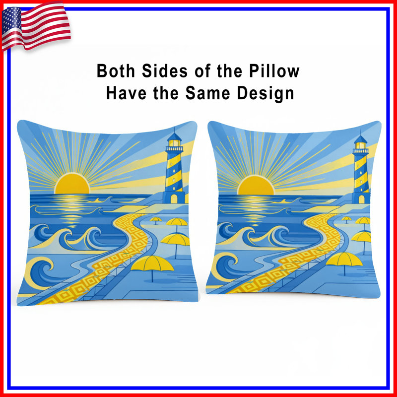 Beach Scene Geometric Linen Throw Pillow, 14 x 14 inches, Bright Blue and Lemon Yellow