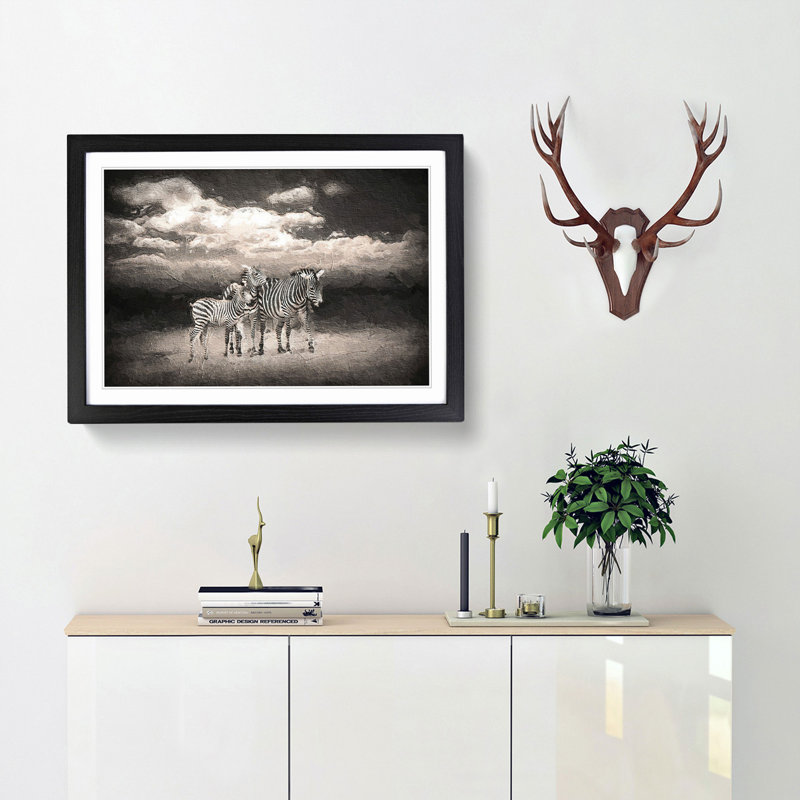 Three Zebras in the Wild - Picture Frame Painting Print, 36cm H x 48cm W x 2cm D, Black Framed