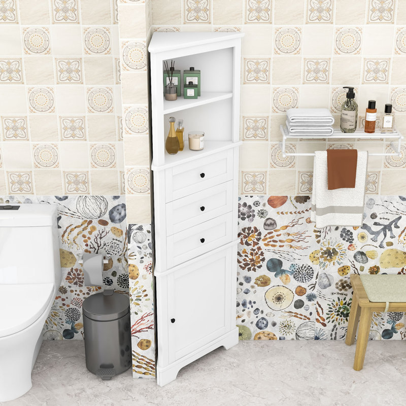 Triangle Bathroom Corner Cabinet with Adjustable Shelves, Triangle Drawers and Enclosed Storage, White