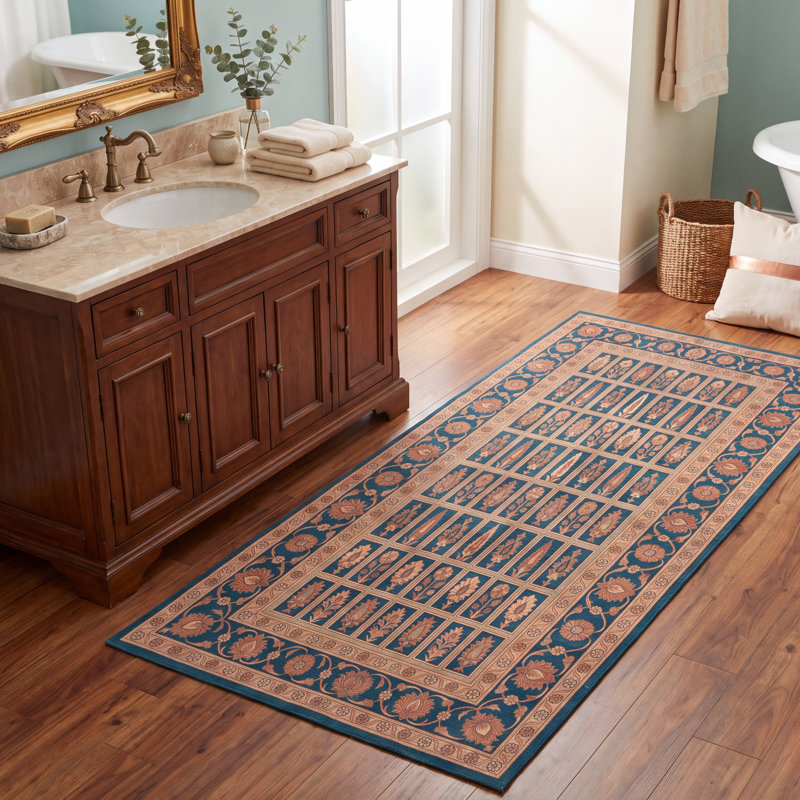 Tapis Waverly traditionnel audacieux de style persan, bleu sarcelle, or et crème, lavable en machine, antidérapant, à poils courts, pour l'intérieur et l'extérieur, adapté aux animaux domestiques, idéal pour le salon, la chambre, la salle à manger, l'entrée, le couloir ou le bureau.