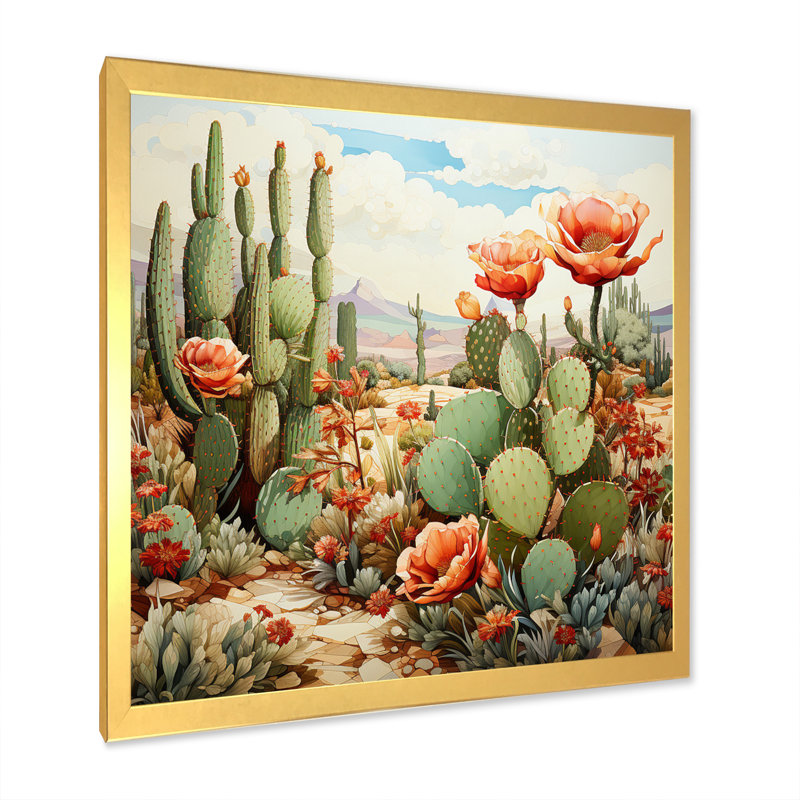 Corail vert cactus désert pointillisme III - art mural de cactus pour le salon, H 16 po x l 16 po x P 1 po, Cadre doré simple