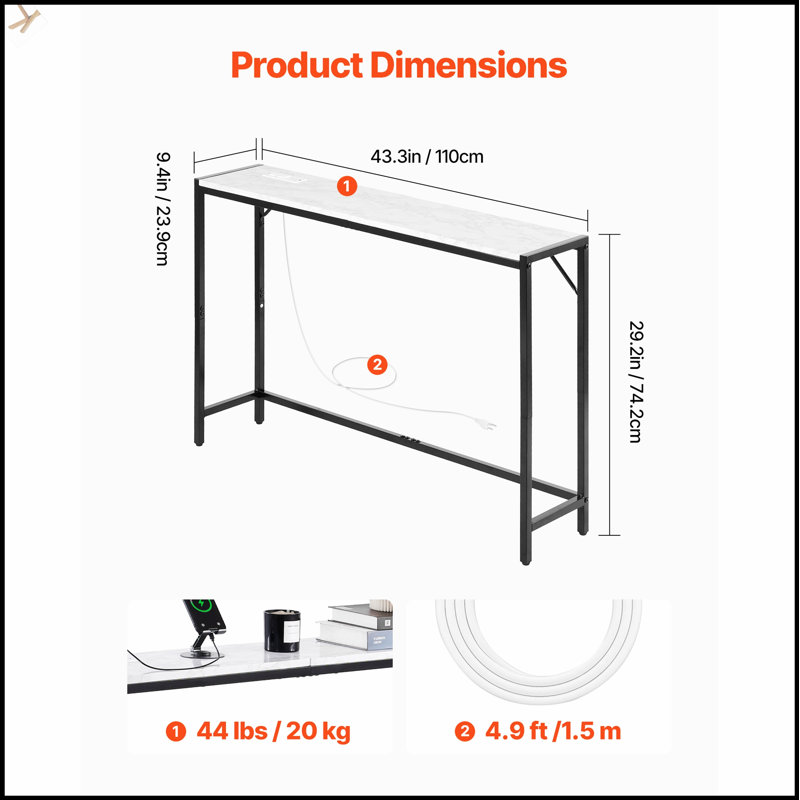 Marble Console Table Modern Narrow Long With Power Outlet, Perfect For Hallways And Behind Sofas, Space-Saving And Stylish