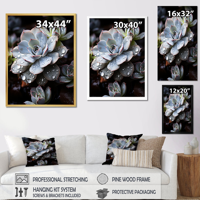 Bleu succulent explosion, Cadre doré simple, H 40 po x l 30 po x P 1,5 po