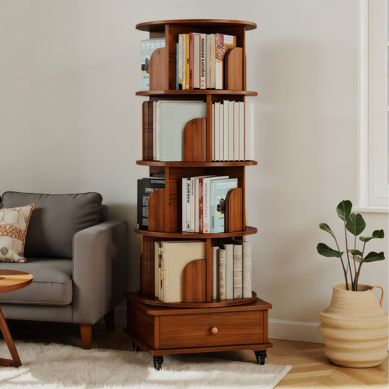 360 Display 5 Tier Corner Bookshelf With Drawer, Floor Standing Degree Rotating Wood Narrow Book Shelf Organizer For Small Bedroom And Living Room, Walnut Brown Spaces,