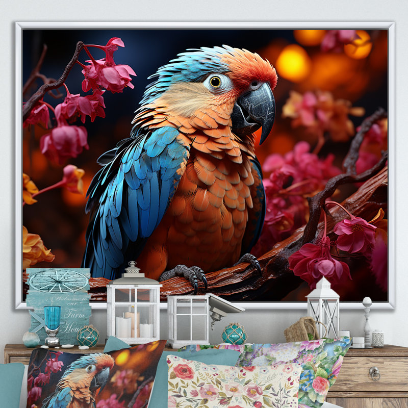 Perroquets rouges et bleus, plumage radieux, coucher de soleil II, Cadre flottant blanc, H 30 po x l 40 po x P 1,5 po