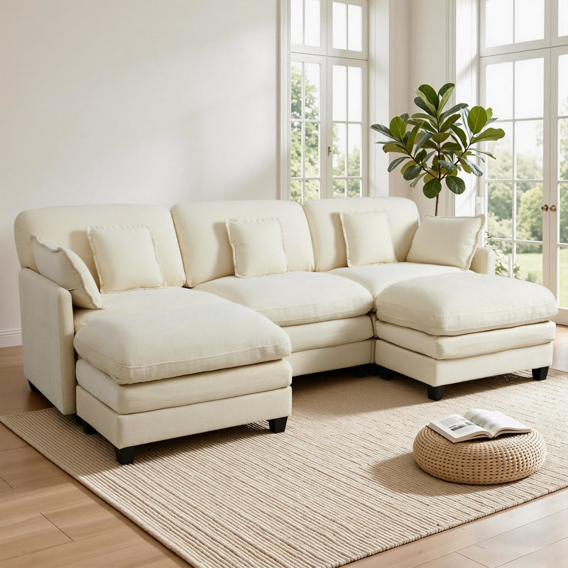 111.8" Modular Sectional Sofa, 3-Seat L Shaped Couch with 2 Reversible Ottomans, Beige