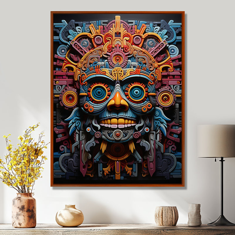 «Albali Teal Orange Mexico Vibrant Aztec Mask», art mural Mexique encadré, H 32 po x l 16 po, Cadre flottant brun