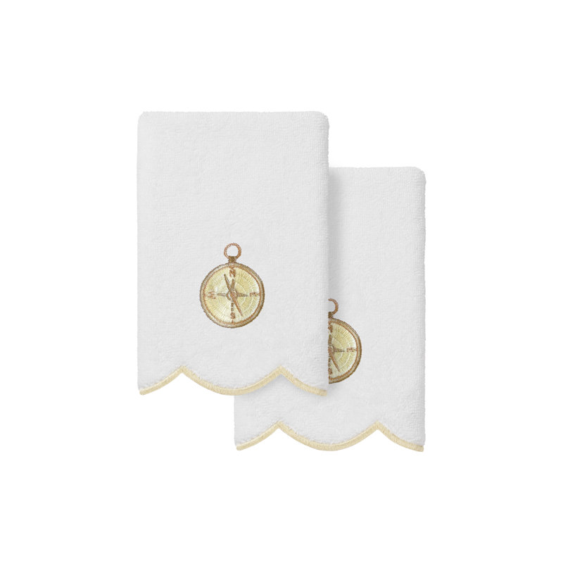  100% Turkish Cotton SEA JOY Scallop 2PC Embellished Fingertip Towel Set, White/Beige, Fingertip Towels - 2 Pack