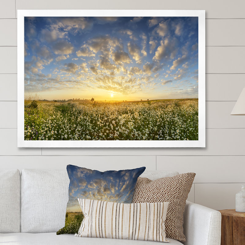 «Summer Sunrise Daisy Flowers», œuvre d'art traditionnelle sur toile, H 32 po x l 16 po x P 1 po, Cadre photo argenté