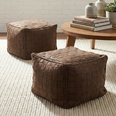 18.5" Woven Faux Suede Square Pouf, Modern Cognac Floor Seating