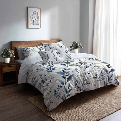 Ensemble d'édredon Country Farmhouse de 6 - Toile botanique bleue avec taies décoratives et coussins décoratifs